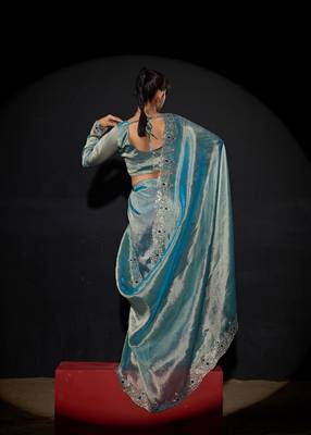 Sky blue kanjivaram pure silk blend zircon border saree 3