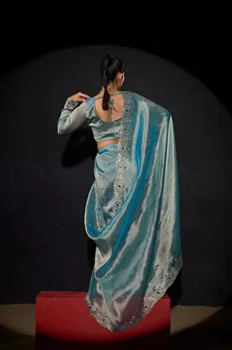 Sky blue color kanjivaram pure silk blend zircon border saree