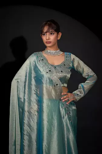 Sky blue color kanjivaram pure silk blend zircon border saree