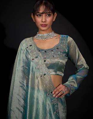 Sky blue kanjivaram pure silk blend zircon border saree 5