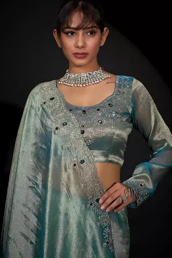 Sky blue color kanjivaram pure silk blend zircon border saree