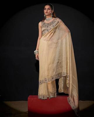 Chiku color kanjivaram pure silk blend zircon border saree 1