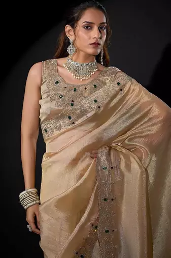 Chiku color kanjivaram pure silk blend zircon border saree