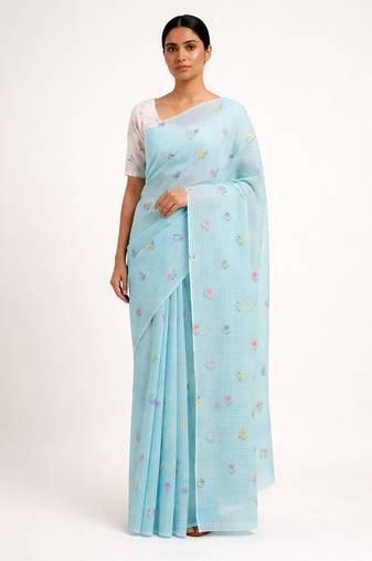 Blue woven linen saree with blouse piece