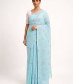 blue linen saree with floral checks printed pallu