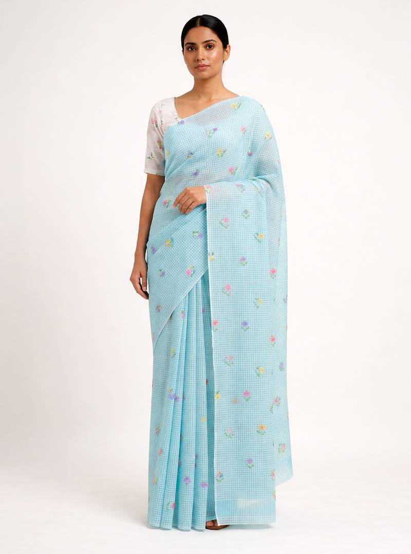 Blue woven linen saree with blouse piece