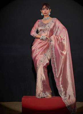 Pink color kanjivaram pure silk blend zircon border saree 1