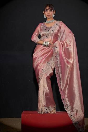 Pink color kanjivaram pure silk zircon border saree