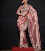Pink color kanjivaram pure silk blend zircon border saree