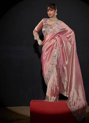 Pink color kanjivaram pure silk blend zircon border saree 2