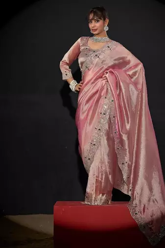 Pink color kanjivaram pure silk blend zircon border saree