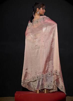 Pink color kanjivaram pure silk blend zircon border saree 3