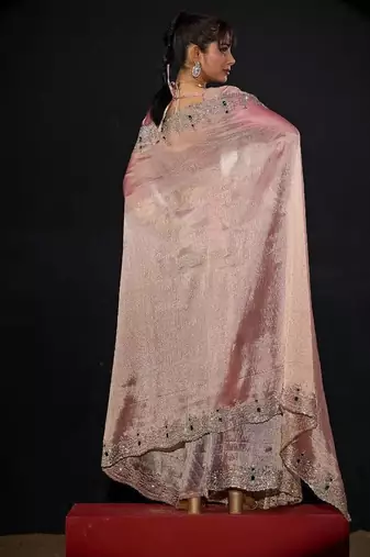 Pink color kanjivaram pure silk blend zircon border saree