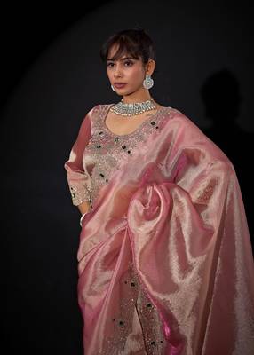 Pink color kanjivaram pure silk blend zircon border saree 4