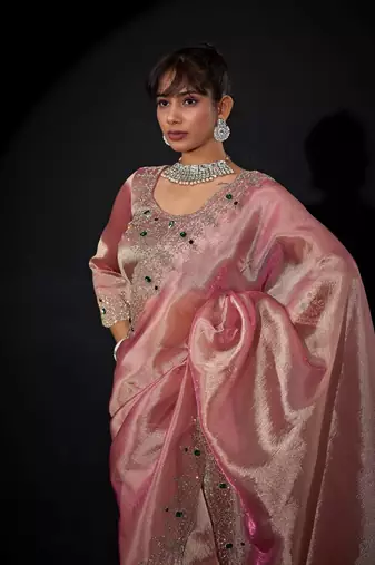 Pink color kanjivaram pure silk blend zircon border saree