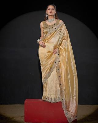 Dusty yellow color kanjivaram pure silk blend zircon border saree 1