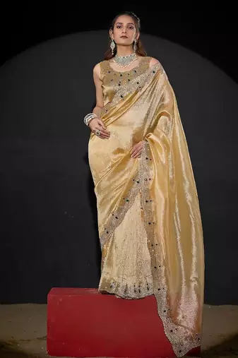Dusty yellow color kanjivaram pure silk zircon border saree