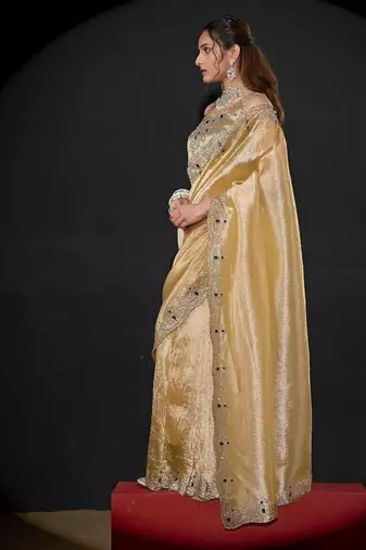 Dusty yellow color kanjivaram pure silk blend zircon border saree