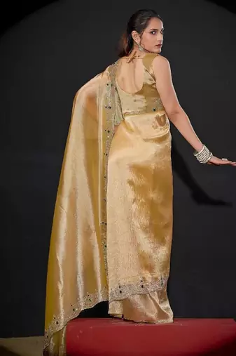 Dusty yellow color kanjivaram pure silk blend zircon border saree