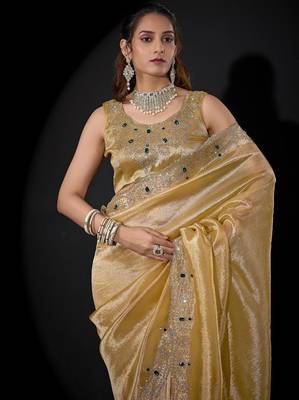 Dusty yellow color kanjivaram pure silk blend zircon border saree 4