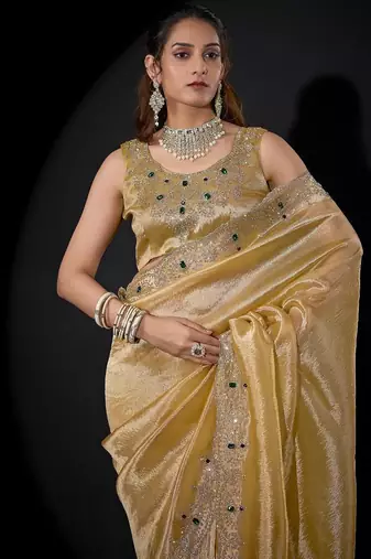 Dusty yellow color kanjivaram pure silk blend zircon border saree