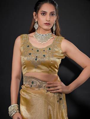 Dusty yellow color kanjivaram pure silk blend zircon border saree 5