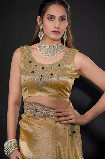 Dusty yellow color kanjivaram pure silk blend zircon border saree
