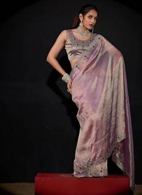 Levender color kanjivaram pure silk blend zircon border saree 1