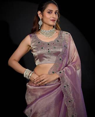 Levender color kanjivaram pure silk blend zircon border saree 4