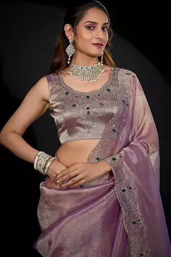 Levender color kanjivaram pure silk blend zircon border saree
