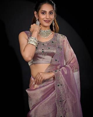 Levender color kanjivaram pure silk blend zircon border saree 5