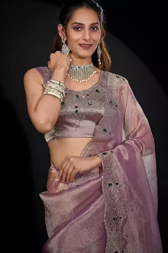 Levender color kanjivaram pure silk blend zircon border saree