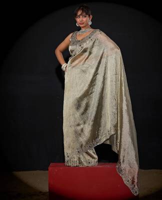 Pista color kanjivaram pure silk blend zircon border saree 1