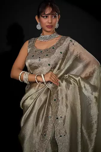 Pista color kanjivaram pure silk blend zircon border saree