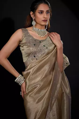 Mouse color kanjivaram pure silk blend zircon border saree