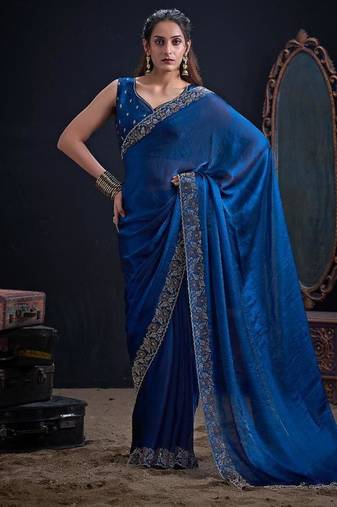 Morpeach color fendi satin silk two tone zircon work saree