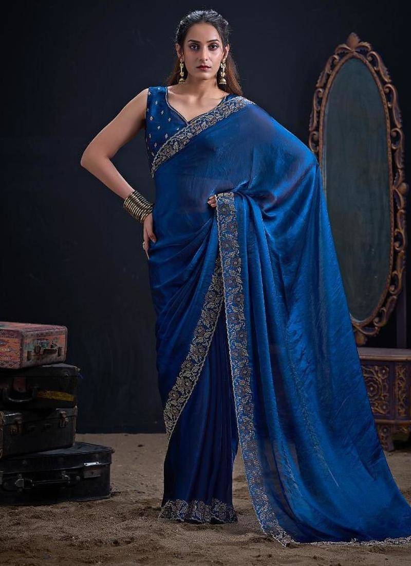 Morpeach color fendi satin silk two tone zircon work saree