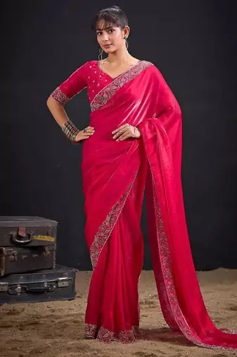 Rani color fendi satin silk two tone zircon work saree