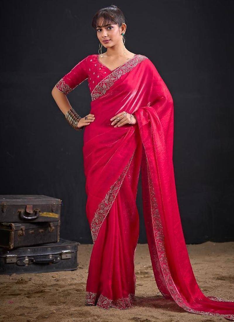 Rani color fendi satin silk two tone zircon work saree