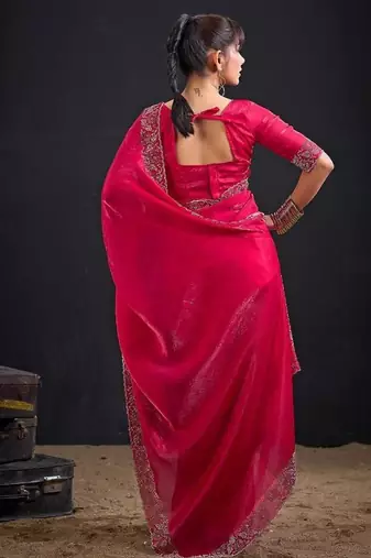 Rani color fendi satin silk blend two tone zircon work saree
