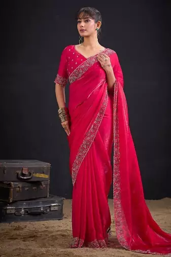 Rani color fendi satin silk blend two tone zircon work saree