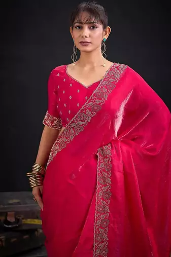 Rani color fendi satin silk blend two tone zircon work saree