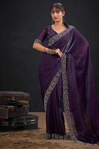 Purple color fendi satin silk two tone zircon work saree