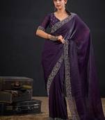 Purple color fendi satin silk blend two tone zircon work saree