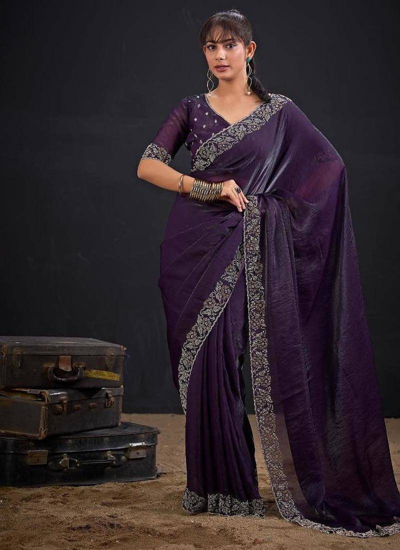 Purple color fendi satin silk two tone zircon work saree