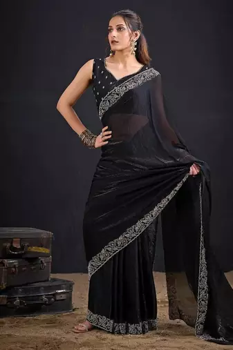 Black color fendi satin silk two tone zircon work saree