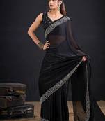 Black color fendi satin silk blend two tone zircon work saree
