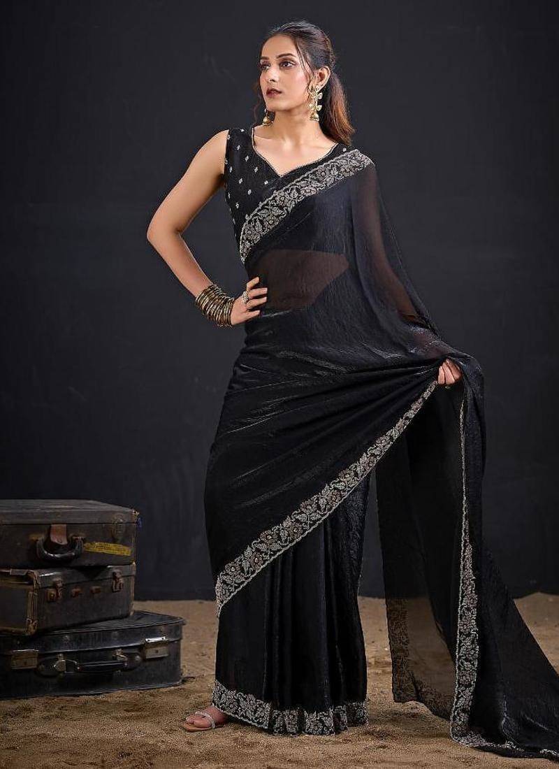 Black color fendi satin silk two tone zircon work saree