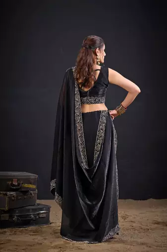 Black color fendi satin silk blend two tone zircon work saree