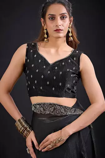 Black color fendi satin silk blend two tone zircon work saree